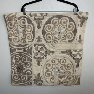 Pottery Barn Embroider Bead Pillow Cover 24"x24" Square Tan Boho Chic Cotton